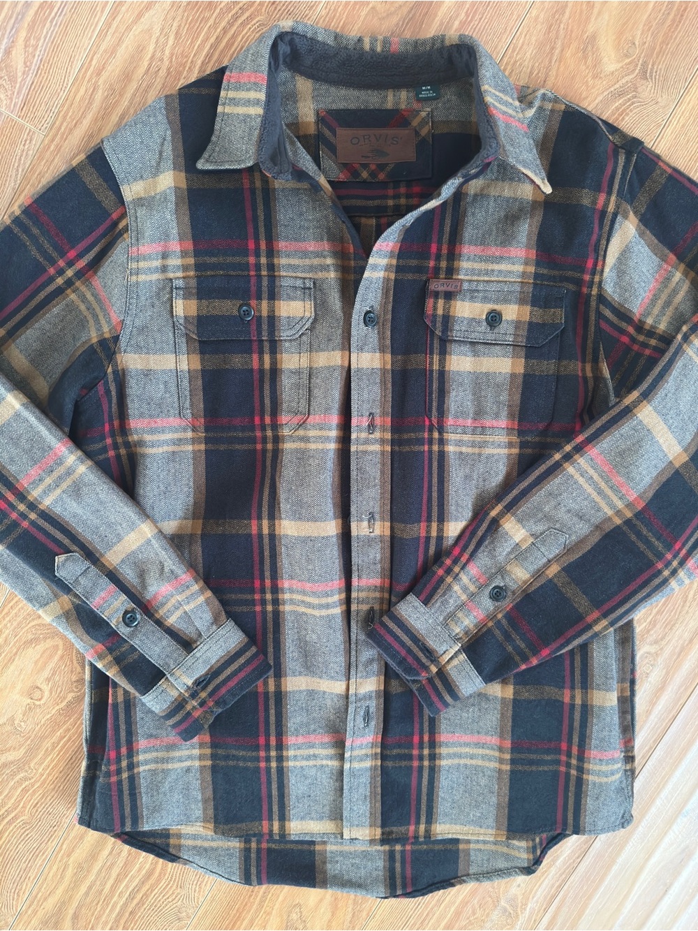 Orvis Plaid Button-Up Jacket Shirt in Gray, Black & Brown with Red Accents